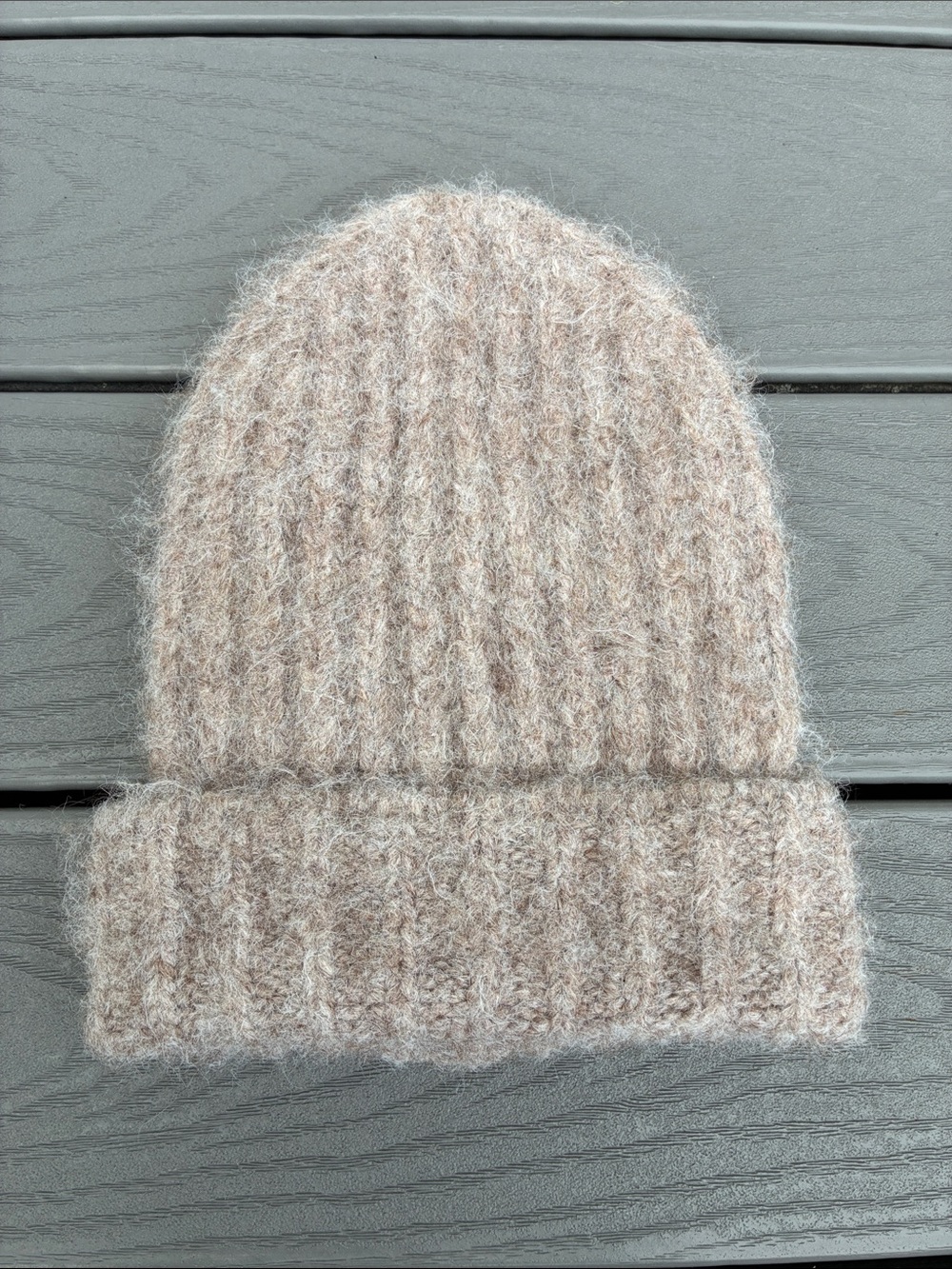Anthropologie Ribbed Knit Beanie Fuzzy Winter Hat With Folded Cuff Beige Size OS